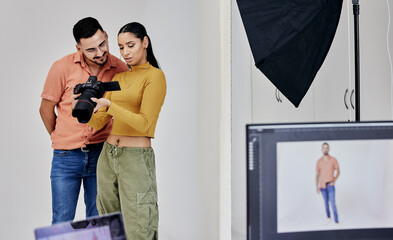 Aufkleber - Teamwork, photographer and startup people with camera in studio set for shoot, magazine project or online content. Planning, focus or girl examine picture for digital catalog or fashion web design