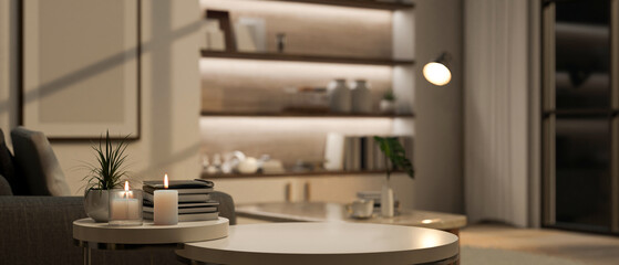 Canvas Print - copy space on modern coffee tabletop over blurred background of modern luxury living room.
