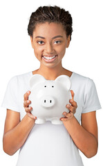 Sticker - Young cute african woman with piggy bank isolated on white background