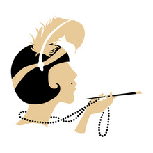 A Girl In The Style Of Gatsby. Art Deco Style. A Beautiful Girl With A Short Haircut And A Cigarette In The Mouthpiece. Vector Illustration Isolated On A White Background For Design.