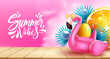 Summer vibes vector background. Summer vibes text in empty space with flamingo inflatable floater element. Vector illustration summer vibes background.
