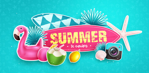 Wall Mural - summer vector background design. summer is coming text in surfboard paper cut element for tropical h