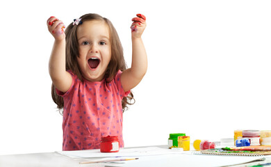 cute happy girl showing painted hand palms