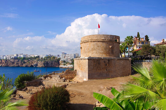 View of the ancient tower in the city of Antalya in Turkey.