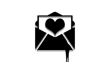 Poster - Black Envelope with Valentine heart icon isolated on white background. Letter love and romance. 4K Video motion graphic animation