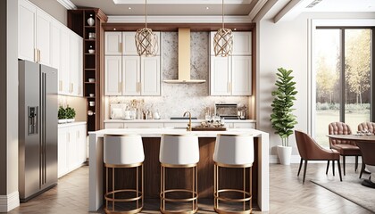 Wall Mural - Beautiful kitchen in luxury modern contemporary home interior with island and chairs. Generative ai