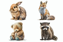 Set With Teddy Bear, Rabbit, Raccoon And Fox In 3d Style. Isolated Vector Illustration
