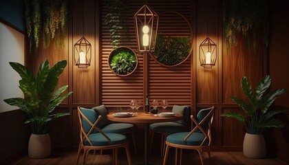 Wall Mural - Contemporary wooden furniture placed a stylish interior in the dining zone of the modern interior of the restaurant decorated with green plants and sconce lamps, interior design. Generative ai