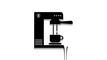 Poster - Black Coffee machine and coffee cup icon isolated on white background. 4K Video motion graphic animation