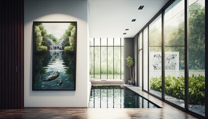 Wall Mural - Large window in hallway of the modern villa overlooking the private pool. Generative ai
