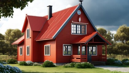 Wall Mural - Pretty Red Wooden House Colorful gable of a modern wooden house. Generative ai