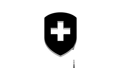 Sticker - Black Medical shield with cross icon isolated on white background. Protection, safety, password security. 4K Video motion graphic animation