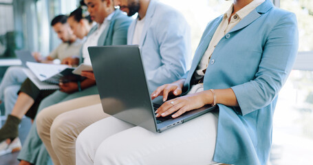 Wall Mural - Hands, laptop or waiting and a business woman in line for her hiring interview with human resources. Computer, resume and recruitment with a female candidate sitting in a row for a company vacancy