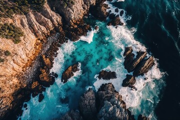 Wall Mural - Top view of the sea and rocks.Fantastic magic illustration. AI