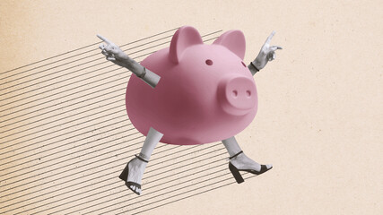 Funny piggy bank character with human arms and legs