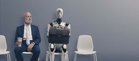 man and ai robot waiting for a job interview