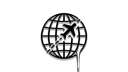 Sticker - Black Globe with flying plane icon isolated on white background. Airplane fly around the planet earth. Aircraft world icon. 4K Video motion graphic animation