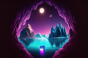 Wall Mural - View from the cave to the starry sky.Beautiful magical, fantastic illustration. Mysterious magic. AI