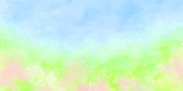 春の花畑と青空 抽象画 水彩イラストレーション背景 イースター, easter watercolor background of spring flower field and blue sky