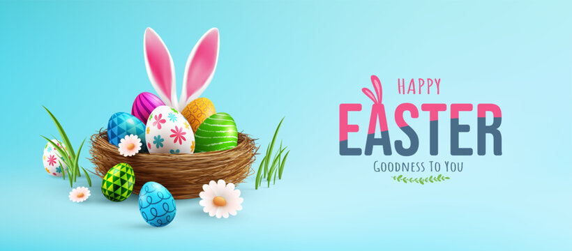 easter poster and banner template with easter eggs and bunny ears in the nest.greetings and presents
