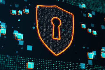 Security net and data protection concept with digital shield symbol with covered by binary code on abstract dark technological background with blue pixels. 3D rendering