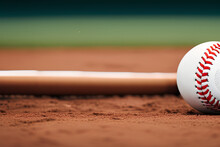 A Baseball And A Bat On A Baseball Field. A Sports Concept In Bokeh Background. Generative AI.
