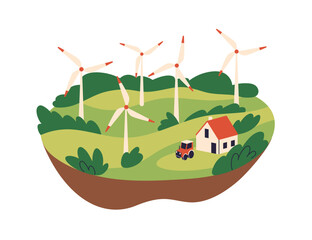 Wall Mural - Wind mills, turbines, electric power generators farm. Eco sustainable alternative renewable electricity resource, generation. Windpower. Flat vector illustration isolated on white background