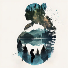 pregnant woman watercolor double exposure with beautiful lake and forest, made with generative ai