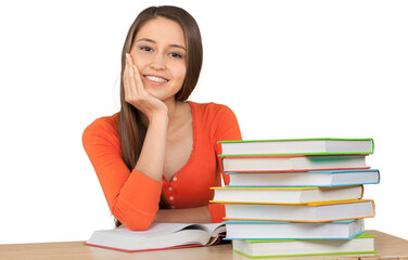 Canvas Print - Beautiful young female student with stack of homework