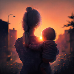 Back view of a mother holding her baby in her arms. Generative AI.