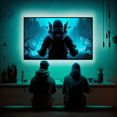 Wall Mural - Back view of some gamer kids playing video games. Generative AI.