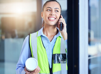 Canvas Print - Architect, phone call and a woman with plan in office for project management. Engineer, construction or safety worker talking to investor planning building development or vision with communication