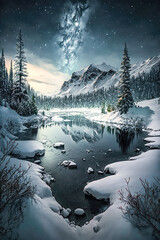 Wall Mural - Winterlandschaft bei Nacht mit See in den Bergen Abstrakt Illustration Generative AI Digital Art Background Hintergrund Cover 