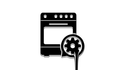 Sticker - Black Oven and gear icon isolated on white background. Adjusting app, service concept, setting options, maintenance, repair, fixing. 4K Video motion graphic animation