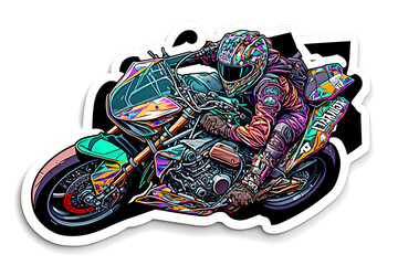 Wall Mural - Sticker of Biker on sport motorcycle in watercolor style on white background. Neural network AI generated art