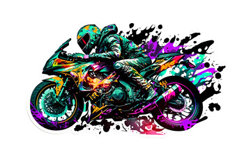 Wall Mural - Sticker of Biker on sport motorcycle in watercolor style on white background. Neural network AI generated art