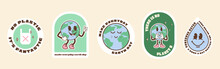Save The Planet Stickers In Trendy Retro Cartoon Style. Sticker Pack For Earth Or World Environment Day. Funny Vector Illustration Of Planet Earth, Globe With Smiley Face. Eco Green Labels Or Badges.