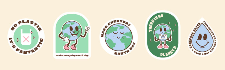 save the planet stickers in trendy retro cartoon style. sticker pack for earth or world environment 