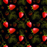 Fototapeta Pokój dzieciecy - Seamless pattern with berries of strawberry on black background. Template for kitchen design, packaging for food, paper, textiles.