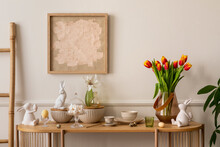 Interior Design Of Easter Living Room Interior With Mock Up Poster Frame, Glass Vase With Tulips, Wooden Sideboard, Easter Bunny Sculpture, Bowl, Ladder, And Personal Accessories. Home Decor. Template