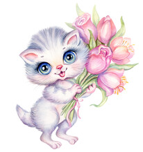 Cute Kitty Cat With Big Bouquet Of Pink Tulip Flowers, Hand Drawn Watercolor Illustration. Cartoon Kitten PNG Transparent Background. Perfect For Invitations, Birthday,  Mothers Day, Greeting Card