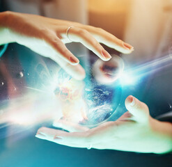 Leinwandbilder - Hands, 3d hologram earth and office in night for global cybersecurity, web design and digital ux for woman. Holographic planet, digital transformation and networking with bokeh light and mock up