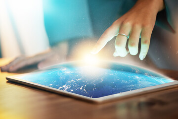 Poster - Tablet, hands and earth hologram at office in night, hand typing, planning or schedule with technology abstract. Woman, touchscreen mock up and 3d holographic ux for global networking, website or app