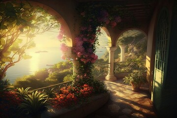 Wall Mural - The Terrace of Joy: An Eden Basking in Summertime Rays Generative AI