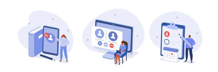 Wall Mural - meeting planning illustration set. characters organizing team video conference or call, developing a