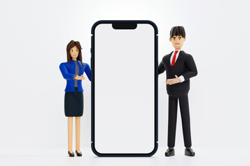 Wall Mural - Businessman and businesswoman pointing finger at big blank screen smartphone, app recommendation presentation, 3D rendering.