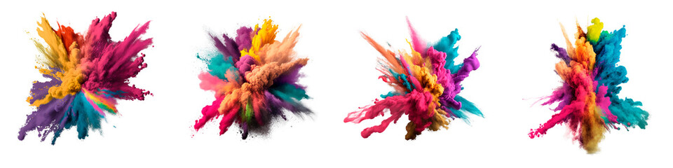 Holiday of spring and bright colors of Holi, 4 different clouds of spray paint. Generative AI. PNG24