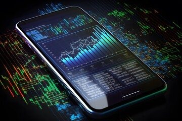 Business graph, Smartphone with analytics data. Programming, Analysis trends and software development coding process concept. Testing cross platform code. Generative AI