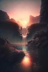 Canvas Print - peaceful sunrise at the waterfall generative ai