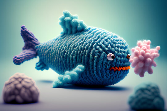 amigurumi art of an cute fish in sea. made of colorful wool. generative ai.